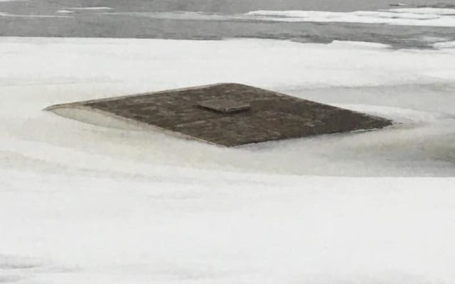 Fish house breaks through ice on Lake Hanska